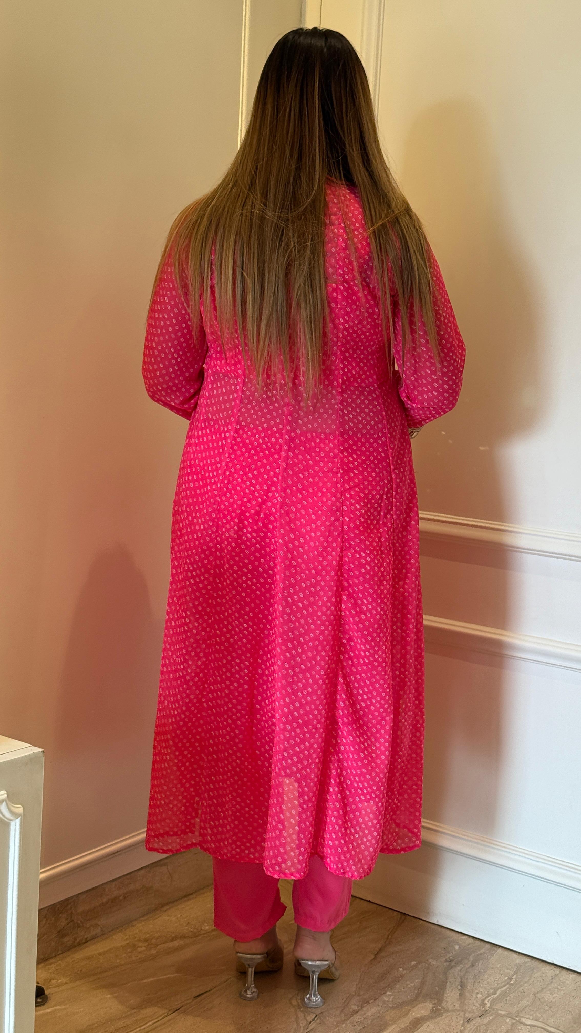 Bandhani Slit Kurta Set- Yellow, Blue, Pink
